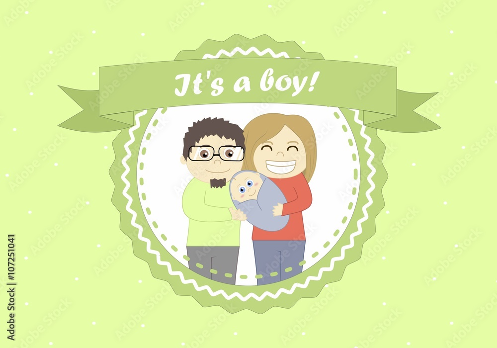 Its boy card with a little boy and his parents Its boy card with a little boy and his parents