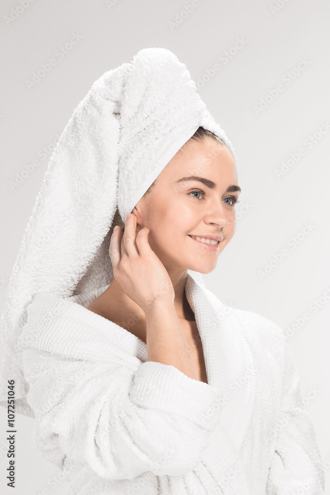 The girl with a clean skin in bathroom The girl with a clean skin in bathroom