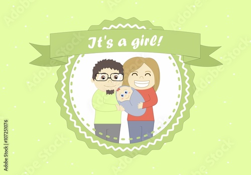 Its girl card with a little girl and her parents