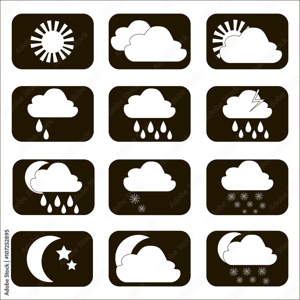 Set vector weather icons. The sun, cloud, moon, rain and snow. Set of white icon weather forecast on a black background. Illustration. Set vector weather icons. The sun, cloud, moon, rain and snow. Set of white icon weather forecast on a black background. Illustration.
