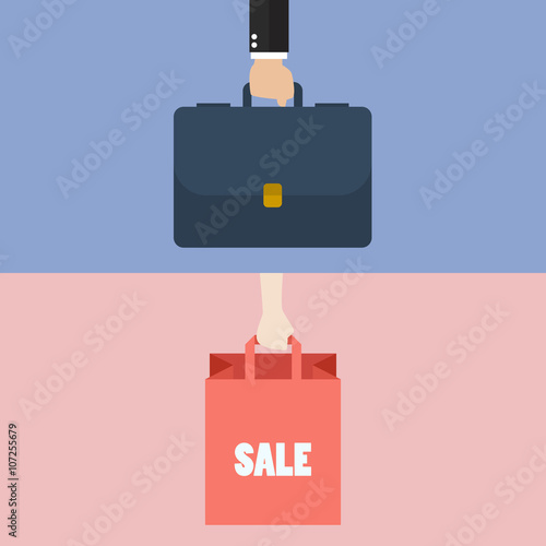 Male hand holding briefcase and female hold shopping bag. vector illustration