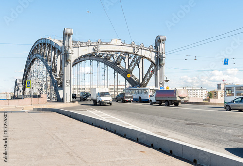 Bolsheokhtinsky bridge, also known as Peter the Great Bridge, is across the Neva River in Saint Petersburg, Russia.