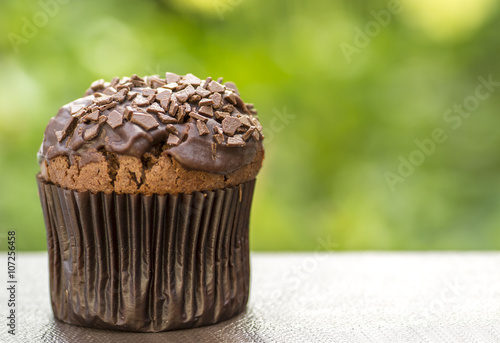 Chocolate cupcake with chocolate chip in a napkin