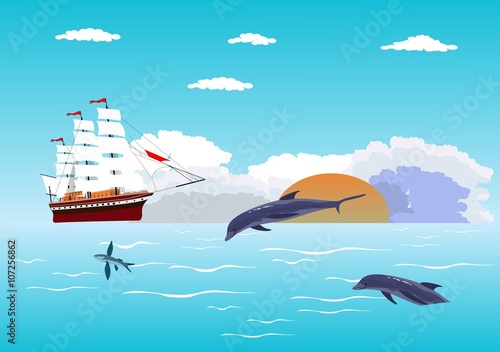 Blue calm sea and ship with white sails on horizon, dolphins, fishes