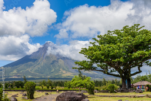 Amazing landscape with a view of  beautiful active Mayon volcano, tall tree and cloudy sky. Legazpi, Philippines. photo