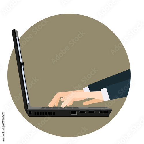 Hands on laptop keyboard vector illustration.