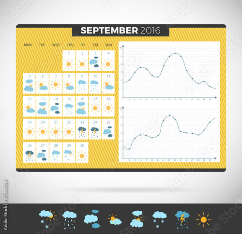  Weather journal vector Template. Weather diary with illustrations and temperature schedule meteorological calendar