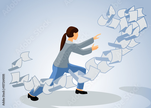 Office magic. Woman with documents. Vector illustration.