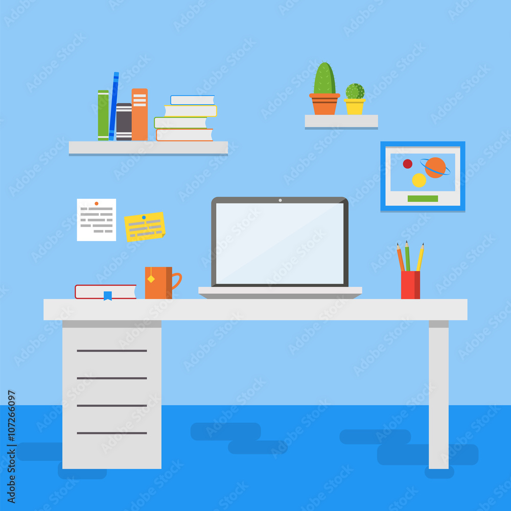 Flat design vector illustration of modern office interior. Creative office workspace with computer, notes, folders, books, plants, mug. Flat minimalistic style and color Flat design vector illustration of modern office interior. Creative office workspace with computer, notes, folders, books, plants, mug. Flat minimalistic style and color