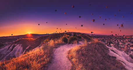 Acrylglasbilder Pflaumen Heißluftballons über Kappadokien bei Sonnenaufgang  © Goinyk