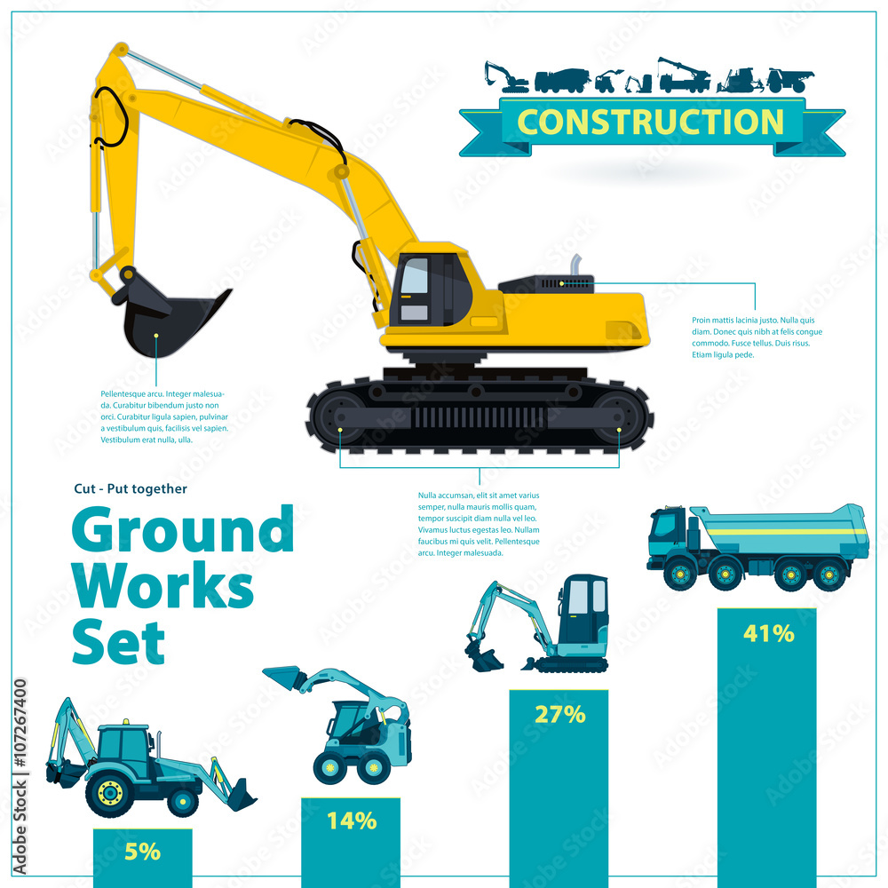 Construction machinery infographic big set of ground works machines vehicles on white background. Catalog page. Heavy equipment for building truck digger bagger excavator transportation master vector. Construction machinery infographic big set of ground works machines vehicles on white background. Catalog page. Heavy equipment for building truck digger bagger excavator transportation master vector.