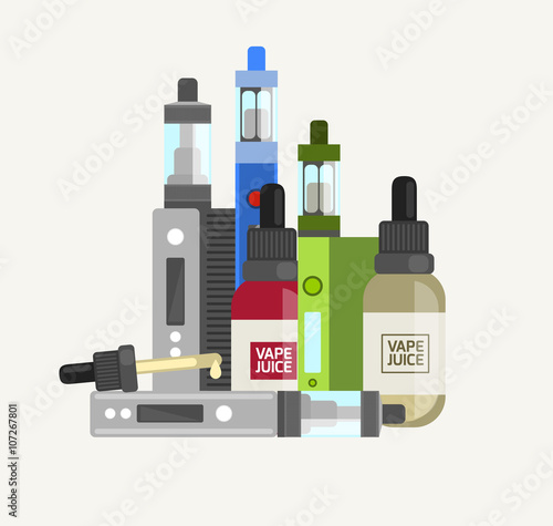 Vape device vector set. Vaping juice for vape. Vape trend new cu
