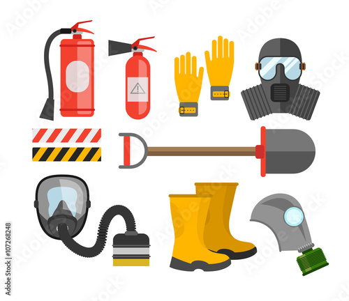 Safety equipment vector set. Fire protection and fire. A gas mas