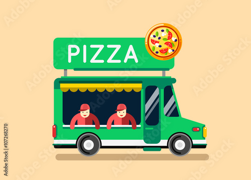 Pizza food truck city car. Food truck, auto cafe, mobile kitchen