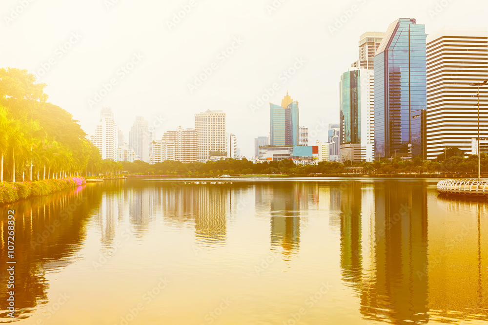 Business district cityscape in bangkok, Thailand. Vintage color