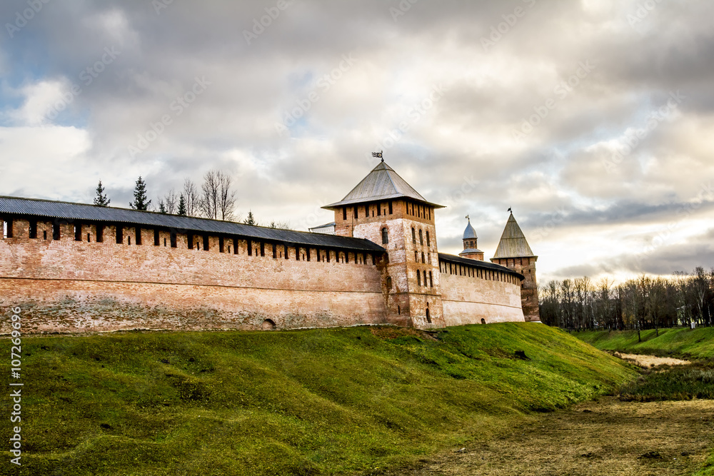 The walls and towers of the Kremlin in Veliky Novgorod . Russia. The walls and towers of the Kremlin in Veliky Novgorod . Russia.