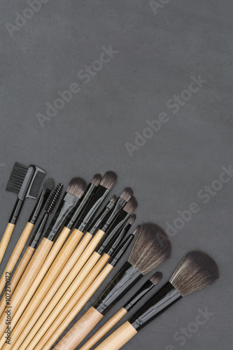 top view of professional makeup equipment,brushes set