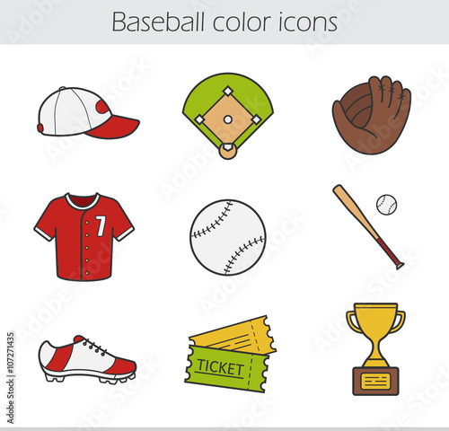 Baseball color icons set