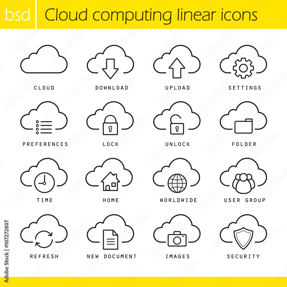 Cloud computing linear icons set