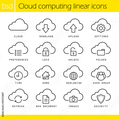Cloud computing linear icons set