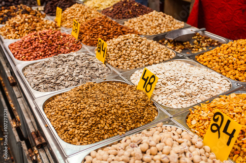 Various nuts and seeds on the Mahane Yehuda Market, Jerusalem photo