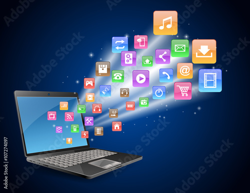 Wallpaper Mural Futuristic laptop Vector Illustration with Holographic and Social Media Icons Torontodigital.ca