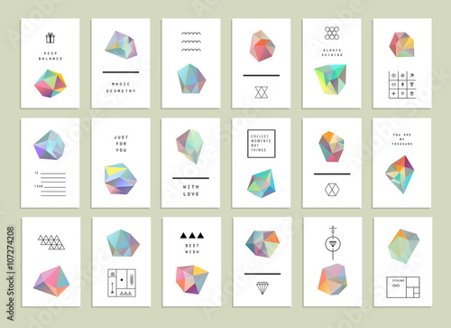 Set of cards with crystals. Geometric shapes. 