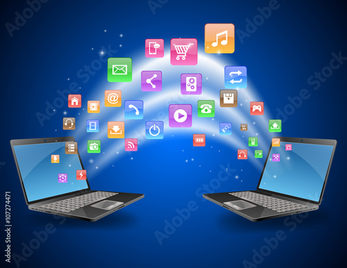 Futuristic laptop Vector Illustration with Holographic and Social Media Icons