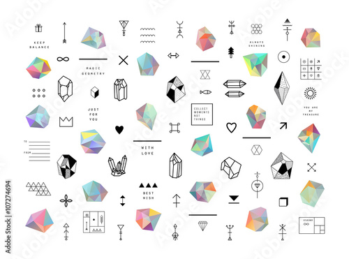 Set of colored crystals in polygon style with geometric shapes.