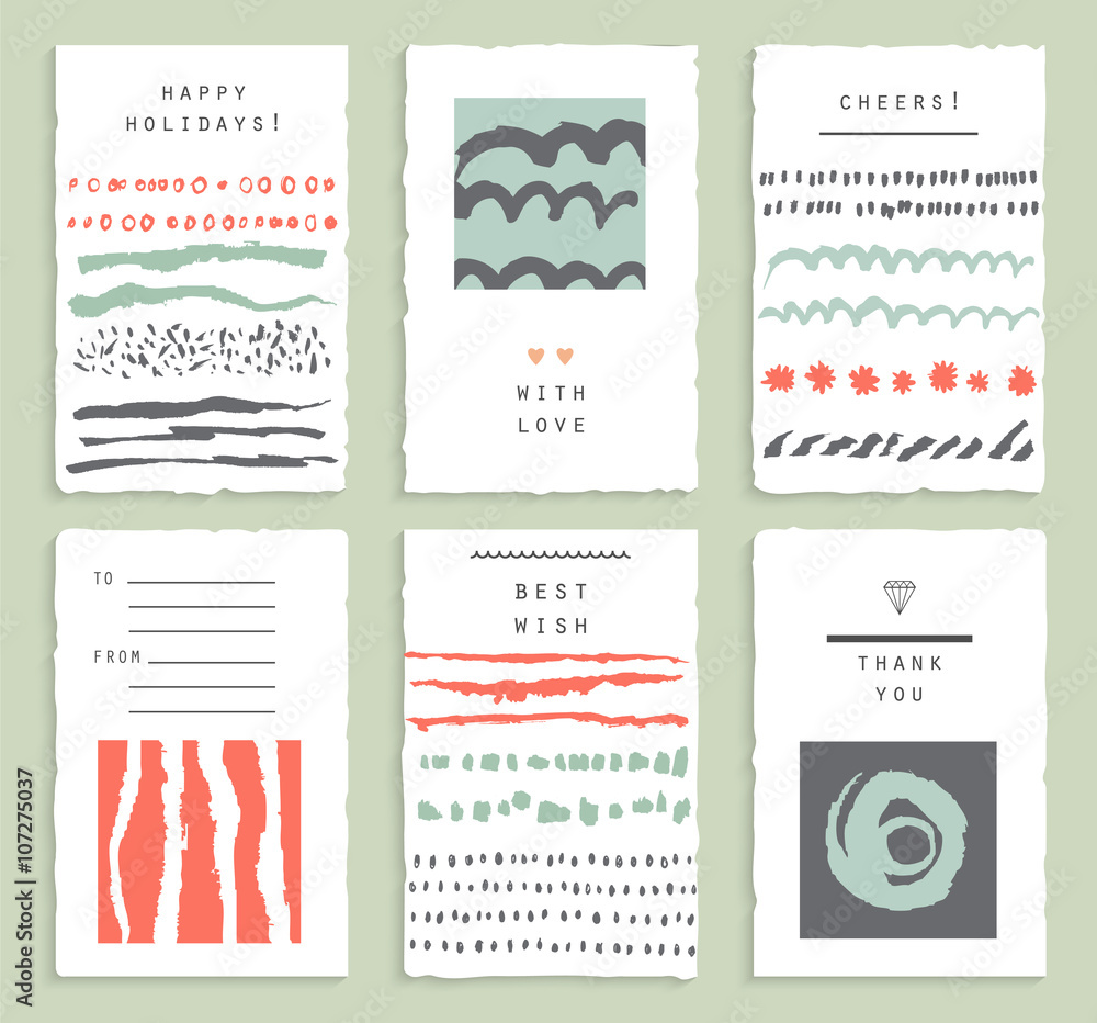 Obraz premium Set of 6 creative cards. Hand Drawn textures made with ink. 