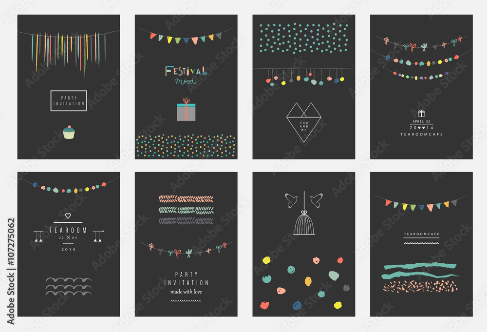 Collection of hand drawn party cards and invitations. - obrazy, fototapety, plakaty 