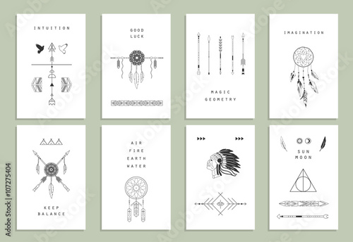 Ethnic cards. Arrows, Indian elements, Aztec borders