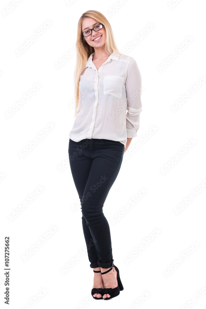 beautiful blond business woman standing over white background with copy space beautiful blond business woman standing over white background with copy space