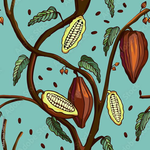 Cocoa tree pattern. Seamless background of cocoa tree with beans and leafs. Vector illustration