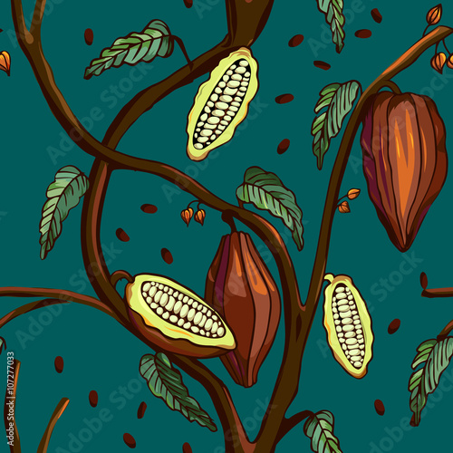 Cocoa tree pattern. Seamless background of cocoa tree with beans and leafs. Vector illustration