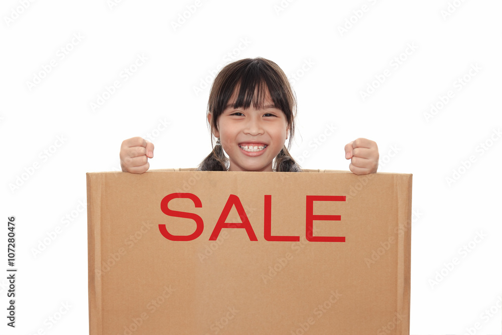 Happy asian girl in cardboard box. Happy asian girl in cardboard box.