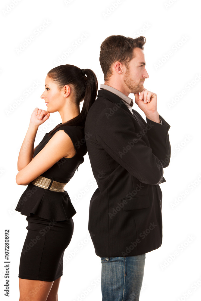 Confident business couple leaning on each other with backs, hold Confident business couple leaning on each other with backs, hold