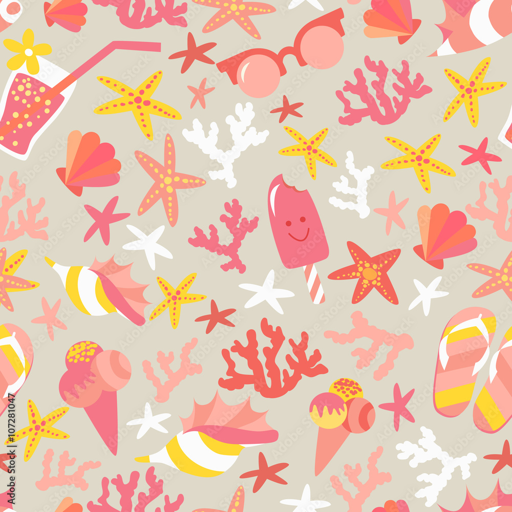 Fototapeta premium Summer seamless pattern with ice-cream, suglases, cocktail, starfish, coral, flip flop sandals. Vacation funny background