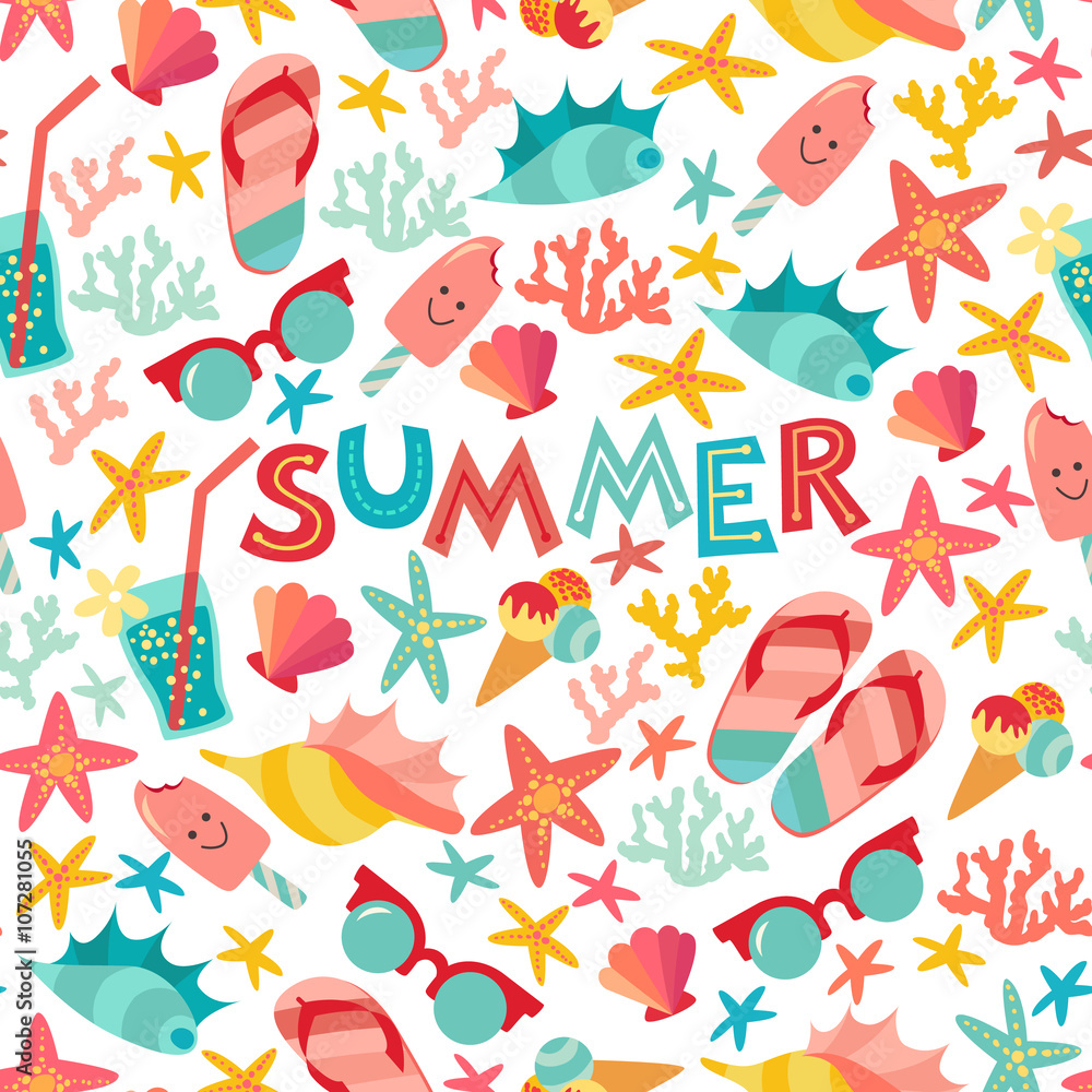Summer seamless pattern with ice-cream, suglases, cocktail,  starfish, coral, flip flop sandals. Vacation funny background