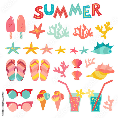 Summer icon set on white background. Sea, vacation,  shells, coral. Vector illustration