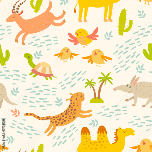 Cartoon african animals seamless pattern. Cute leopard  aardvark  camel  antelope  birds  turtle. Children s wallpapers