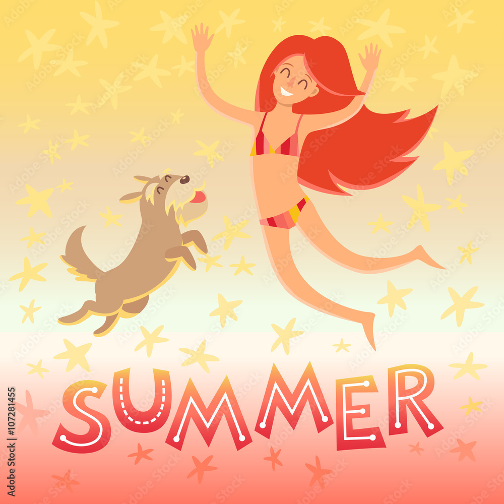 Summertime card. Cartoon girl with a dog and text. Vector illustration on colored background Summertime card. Cartoon girl with a dog and text. Vector illustration on colored background