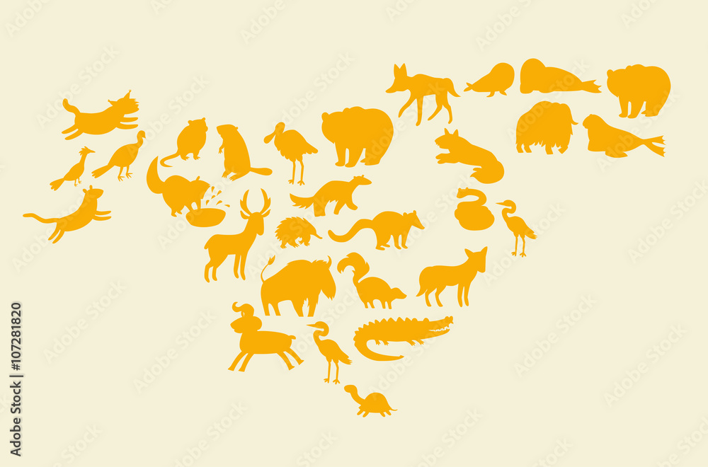 Naklejka premium Animals world map, North America. Colorful cartoon vector illustration for children and kids. Preschool, education, baby, continents, oceans, drawn, Earth