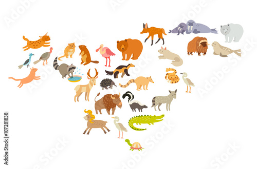 Animals world map  North America. Colorful cartoon vector illustration for children and kids. Preschool  education  baby  continents  oceans  drawn  Earth