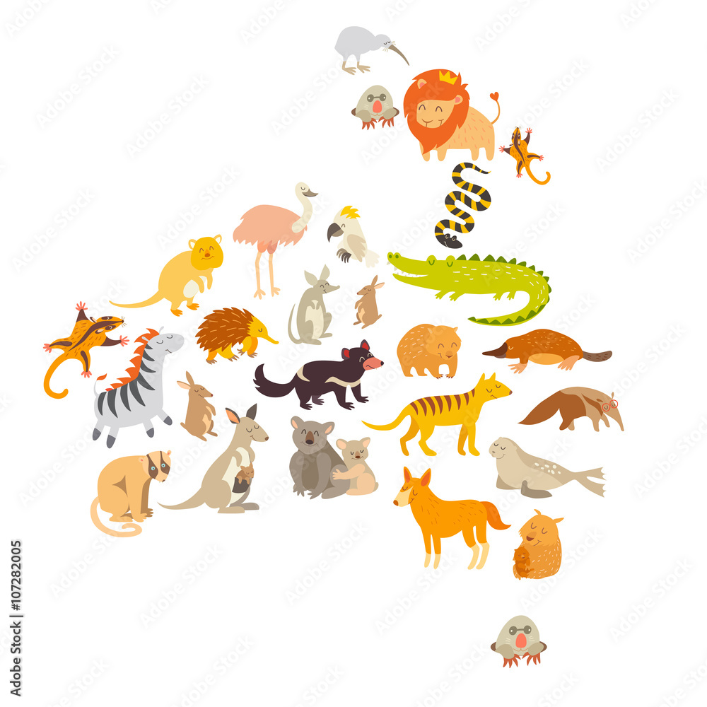 Fototapeta Australian mammal map silhouettes. Isolated on white background vector illustration. Colorful cartoon illustration for children, kids and oher people. Preschool, education