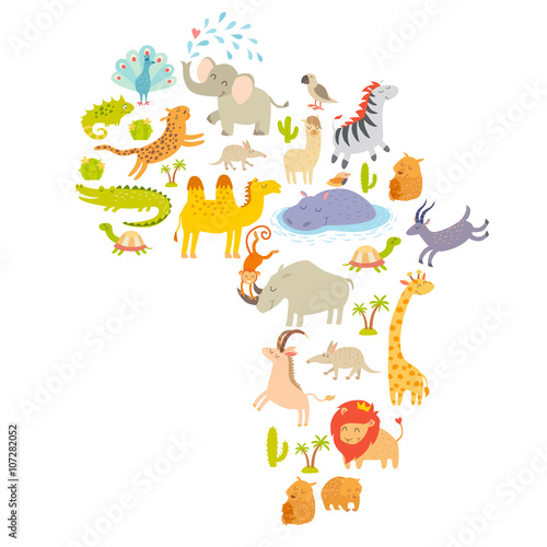 African mammal map silhouettes. Isolated on white background vector illustration. Colorful cartoon illustration for children  kids and oher people. Preschool  education