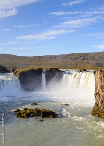 Godafoss Waterfall.  Godafoss is a waterfall in Northern Iceland and is the Icelandic term for Waterfall of the Gods.