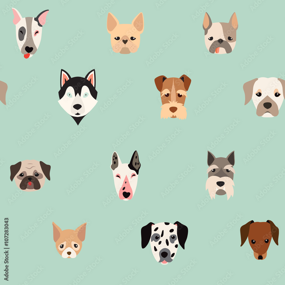 Cute dogs vector pattern, illustrations on colored background