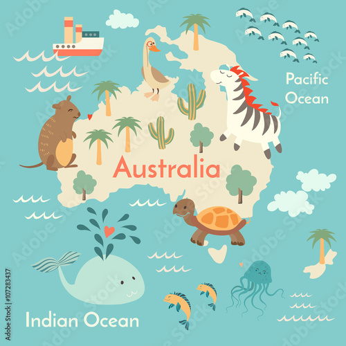 Animals world map, Australia. Vector illustration, preschool, baby, continents, oceans, drawn, Earth.
