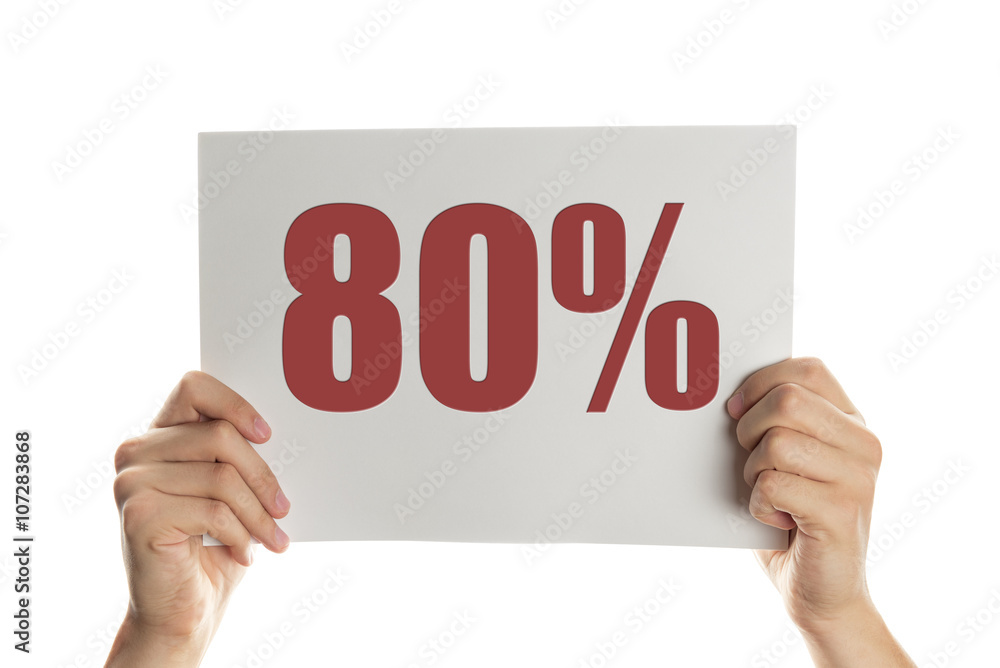 Hand holding a banner with the words 80 percent Hand holding a banner with the words 80 percent